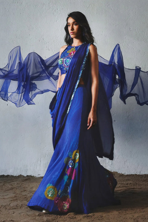 Blue Chiffon Handwork Pre-Draped Saree Set