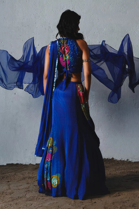Blue Chiffon Handwork Pre-Draped Saree Set