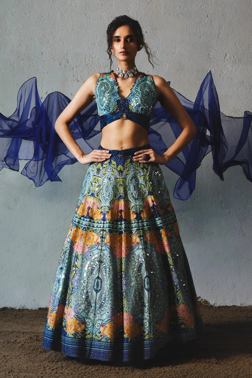 Blue Chiffon Handwork Lehenga Set