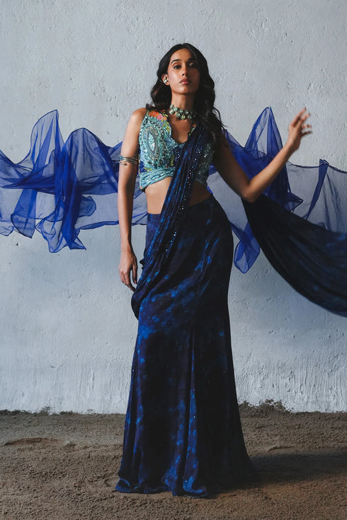 Blue Chiffon Pre-Draped Saree Set