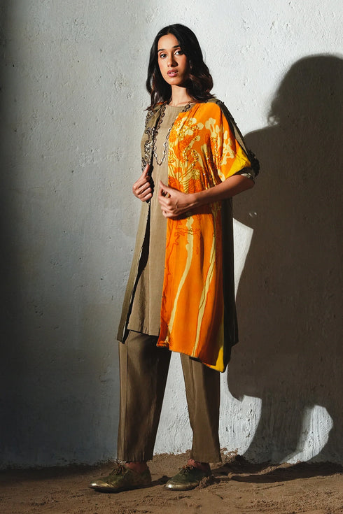 Orange Crepe & Linen Silk Handwork Co-Ord Set