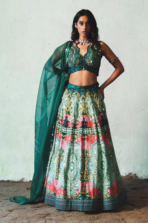 Bottle Green Chiffon Hand Embellished Lehenga Set