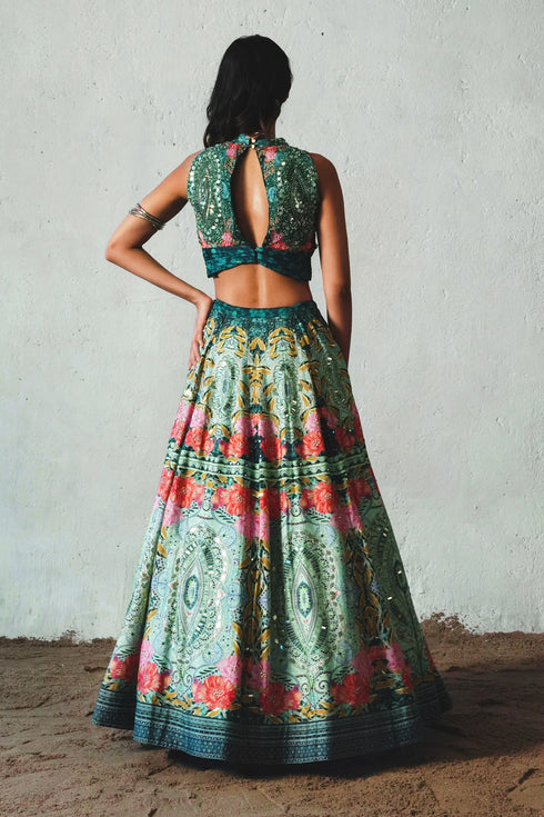 Bottle Green Chiffon Hand Embellished Lehenga Set