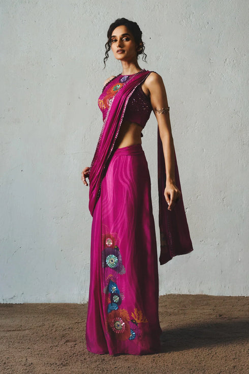 Pink Chiffon Pre-Draped Saree Set