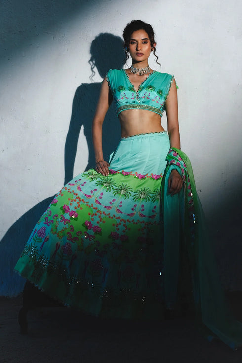 Aqua Chiffon Lehenga Set