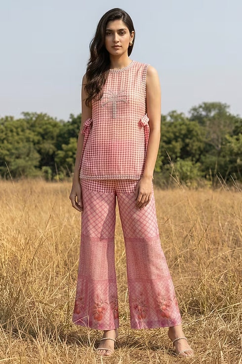 Peach Organza Jacket Pant Set