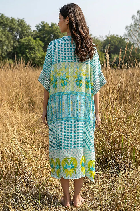 Printed Aqua Green Chiffon Kaftan