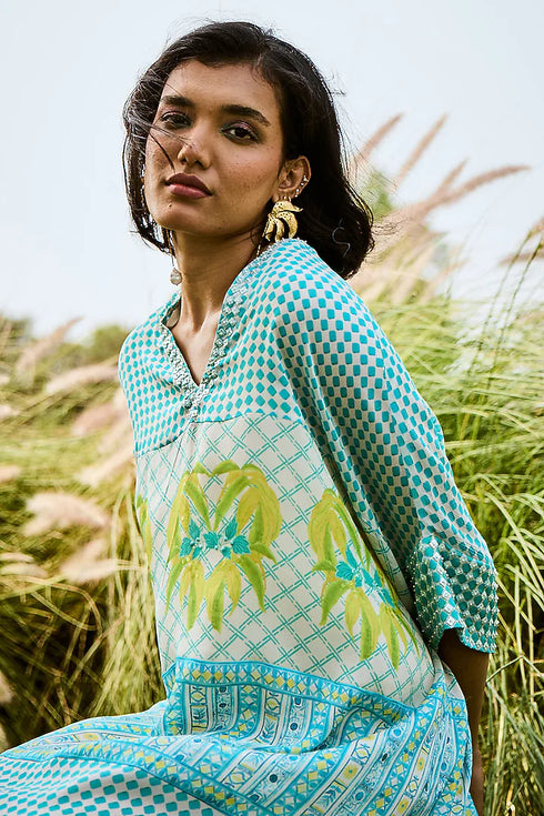 Printed Aqua Green Chiffon Kaftan