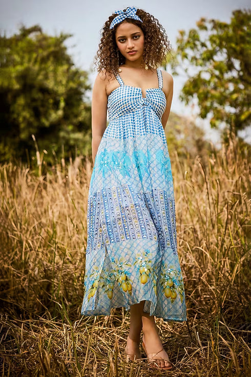 Blue Printed Organza Dress
