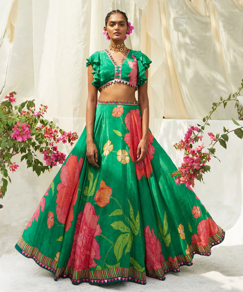 Green Printed Lehenga Set
