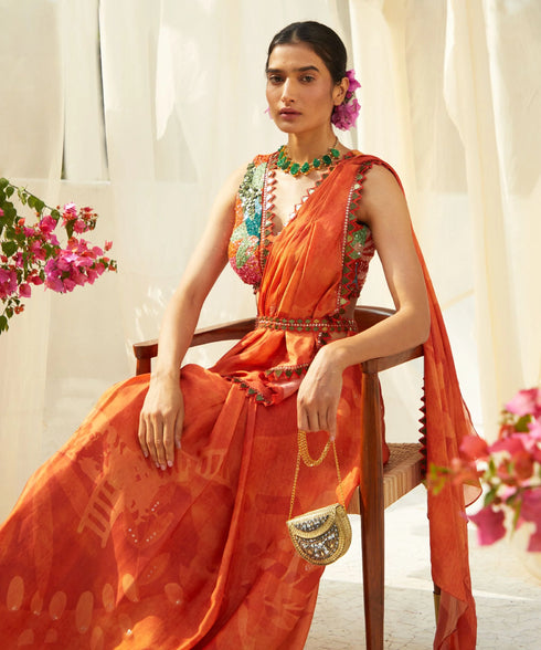 Rust Pre-Draped Saree