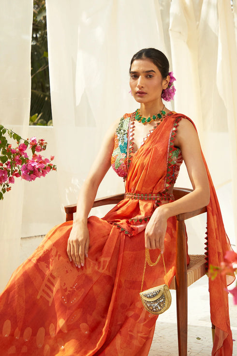 Rust Chinon Chiffon Abstract Printed Pre-Draped Saree Set