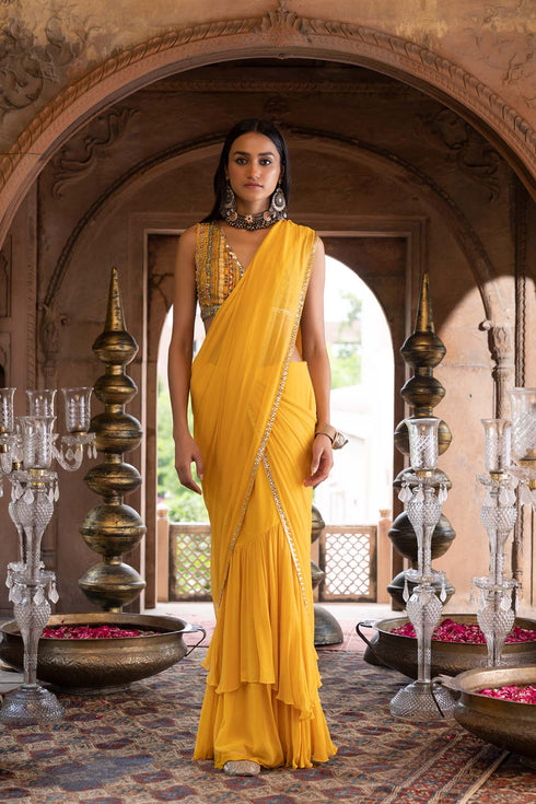 Yellow Pre-Draped Saree with Blouse
