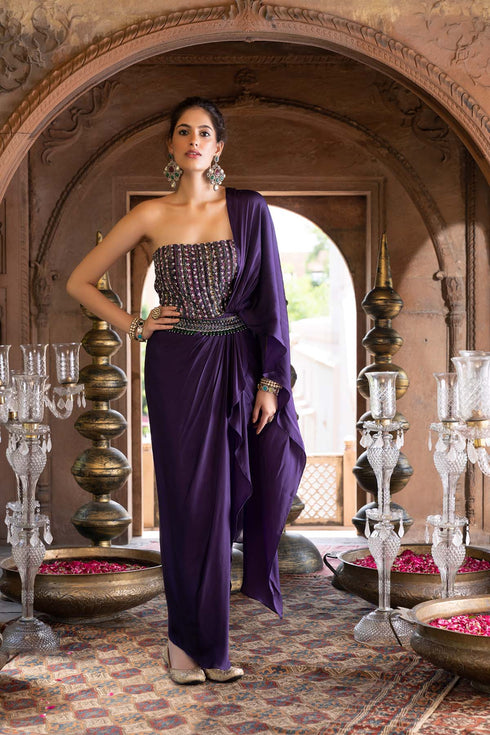 Purple Saree Gown With Belt