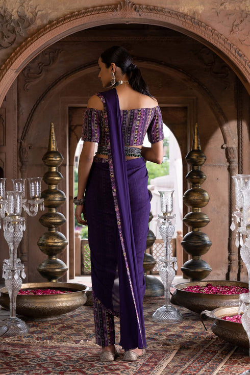 Purple Printed Pant Saree with Blouse and Belt