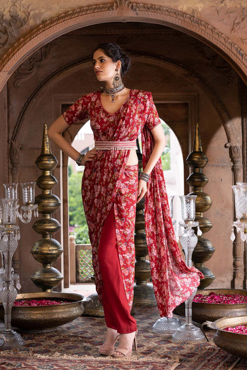 Maroon Printed Pant Saree with Blouse and Belt