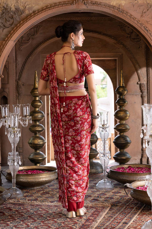 Maroon Printed Pant Saree with Blouse and Belt