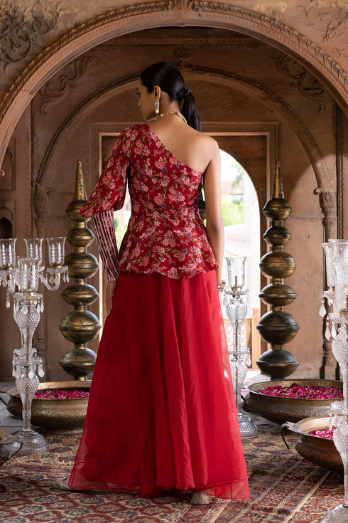Maroon Printed One Shoulder Top and Palazzo