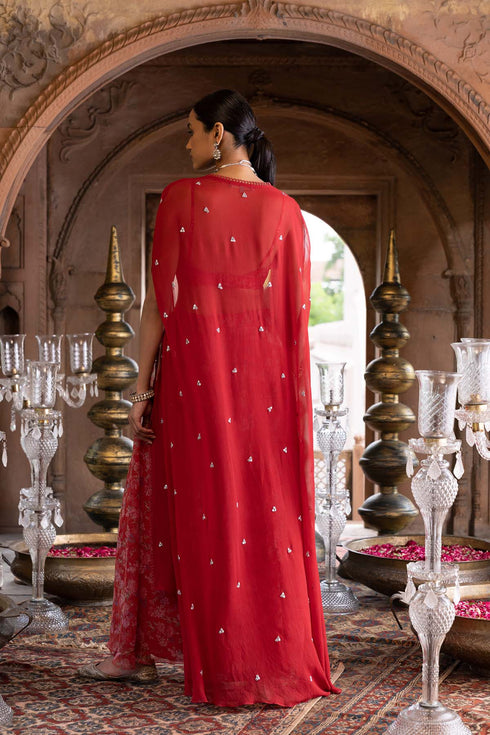 Red Cape Set with Printed Palazzo and Embroidered Inner