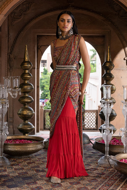 Red Printed Sharara Saree with Blouse and Belt