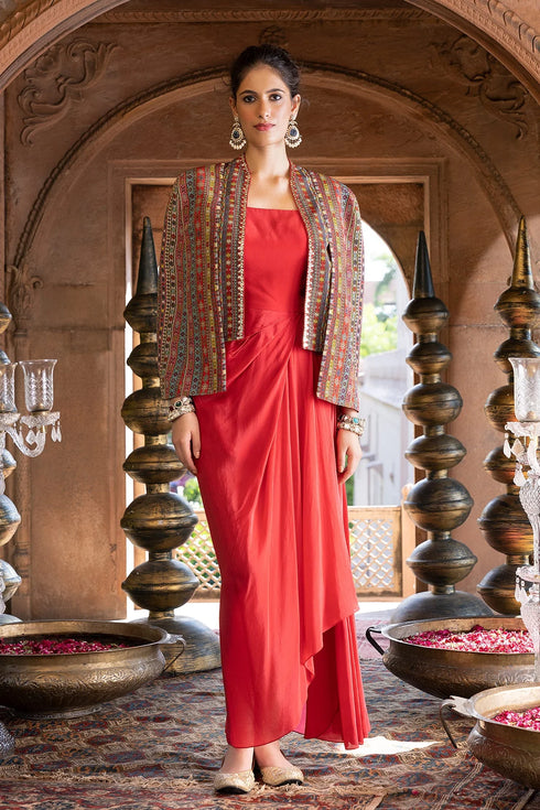 Red Draped Dress with Printed Cape Jacket