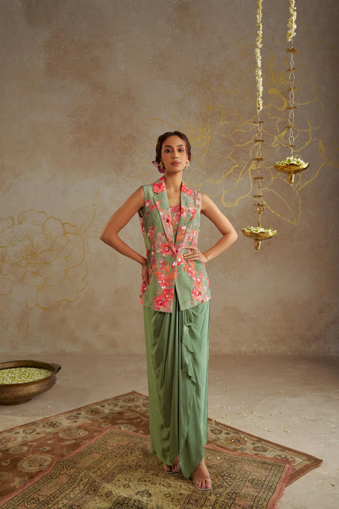 Jade Rose Jacket Set With Draped Skirt And Bustier