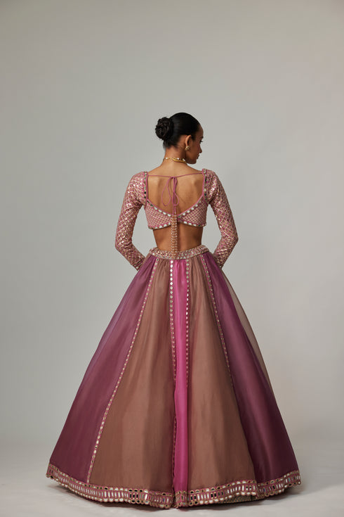 Mud Mauve Multicolor Lehenga With Sweetheart Full Sleeve Blouse