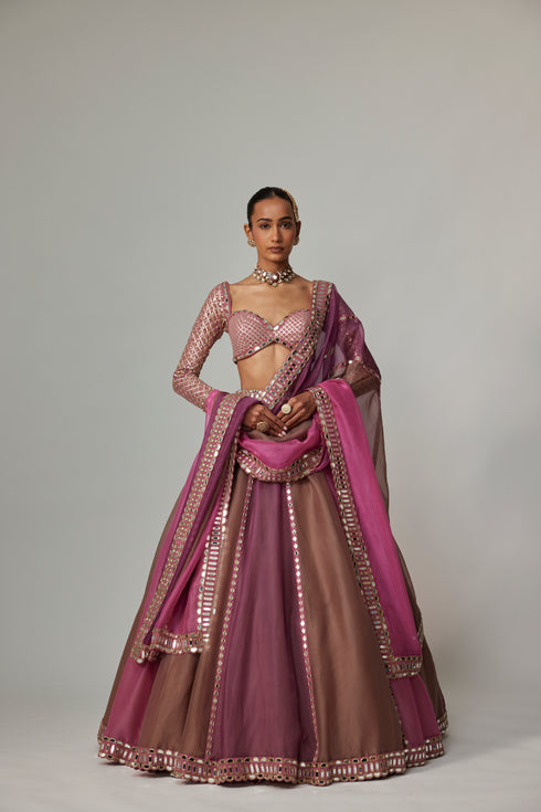 Mud Mauve Multicolor Lehenga With Sweetheart Full Sleeve Blouse