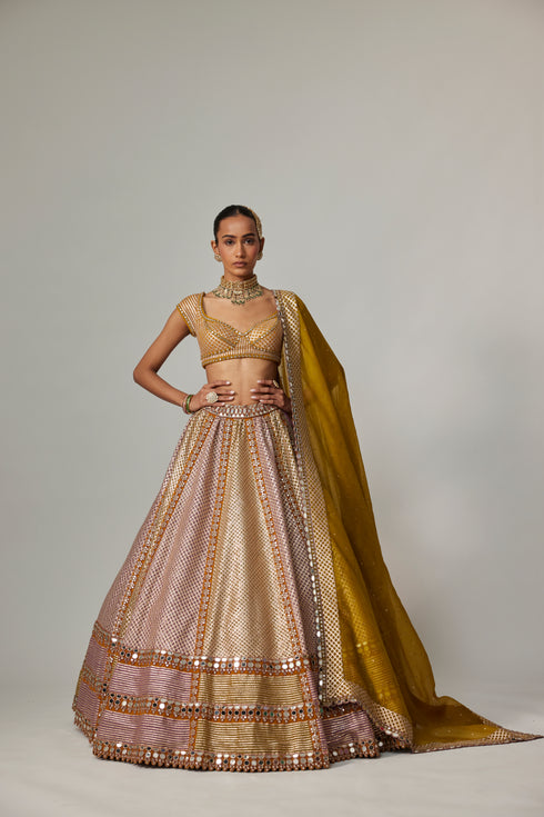 Mustard Multicolor Heavy Metallic Lehenga With Green Dupatta