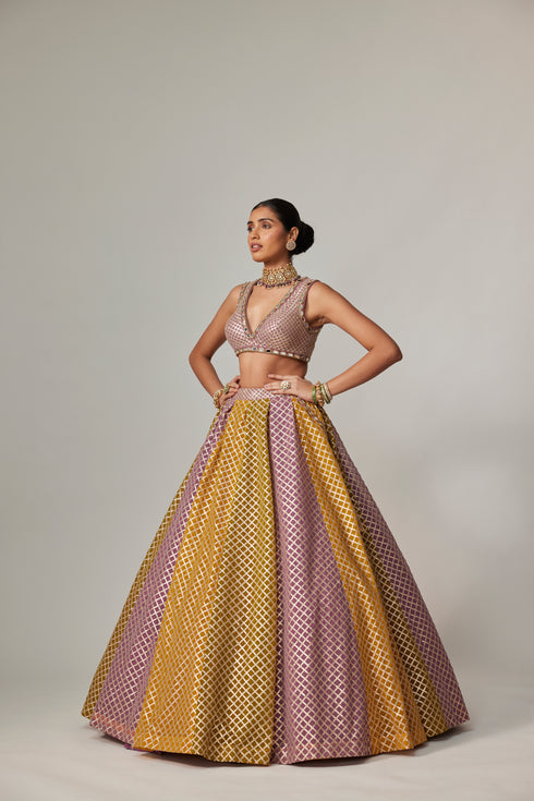 Mustard Multicolor Crop Top With Skirt