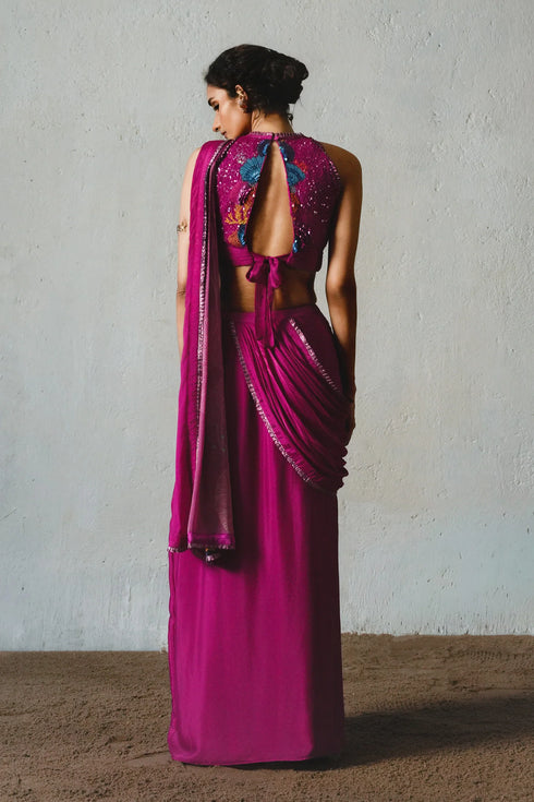 Pink Chiffon Pre-Draped Saree Set