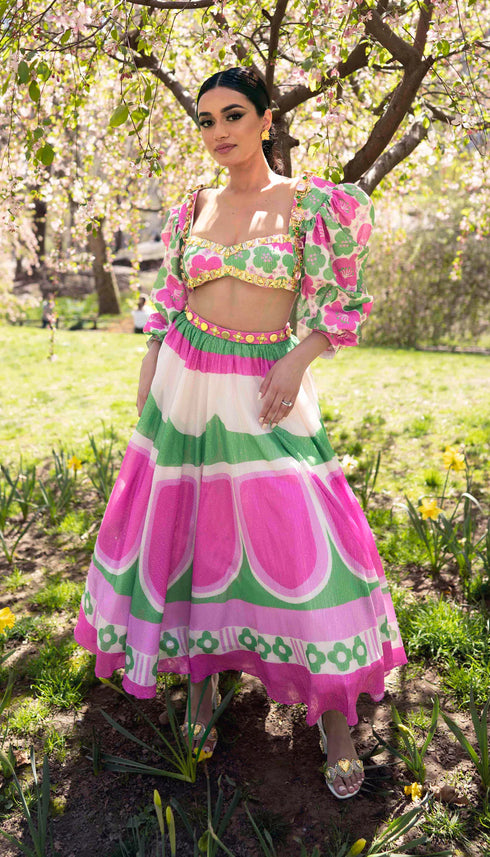 Mosiac- Hot Pink Printed And Embellished Half Lehenga