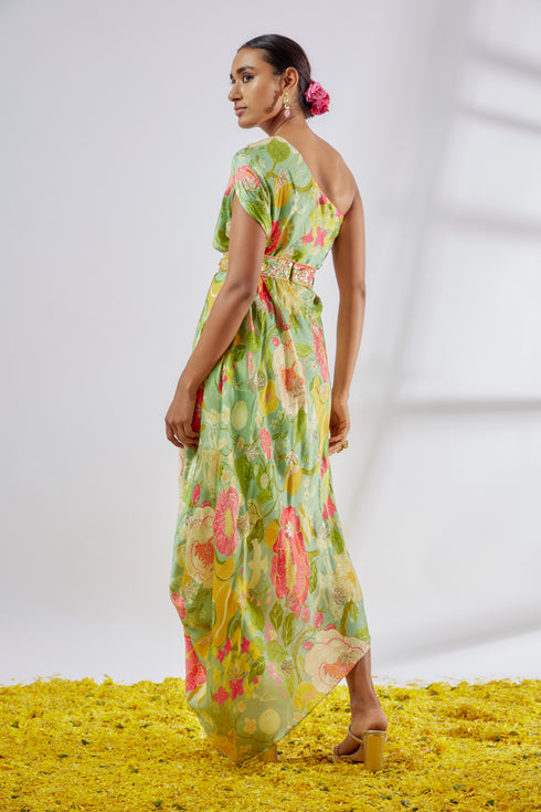 Eli one-shoulder dress with belt