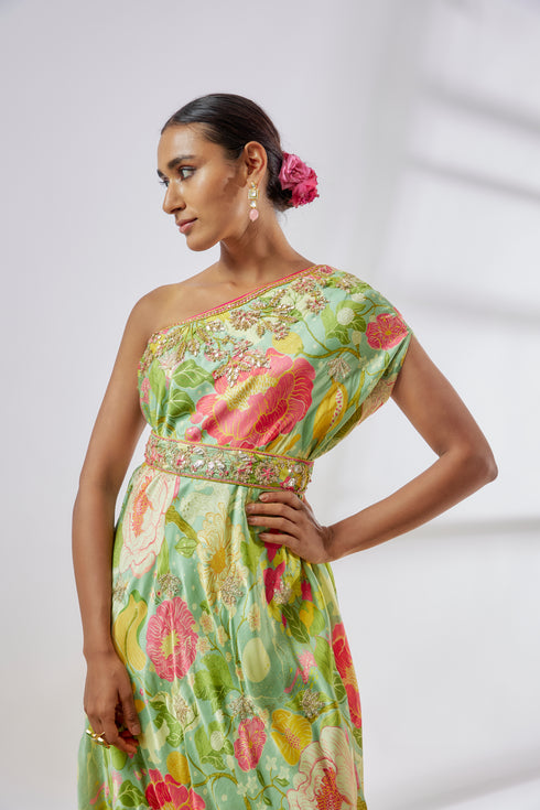 Eli one-shoulder dress with belt