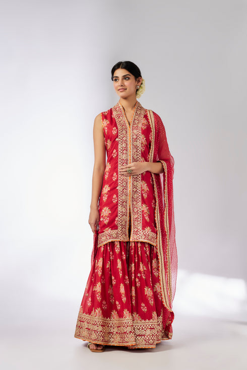 Dhriti Sleeveless Sharara Set - Red