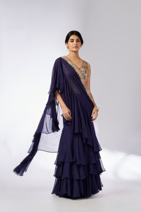 Shifa Saree Set - Navy