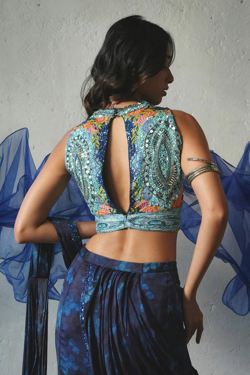Blue Chiffon Pre-Draped Saree Set