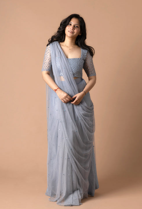 Pre Draped Saree In Net With Blouse