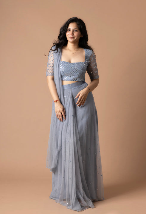 Pre Draped Saree In Net With Blouse