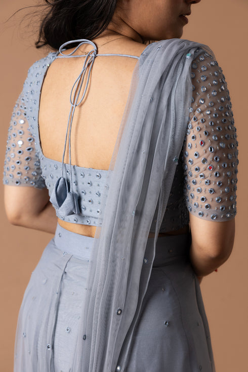 Pre Draped Saree In Net With Blouse