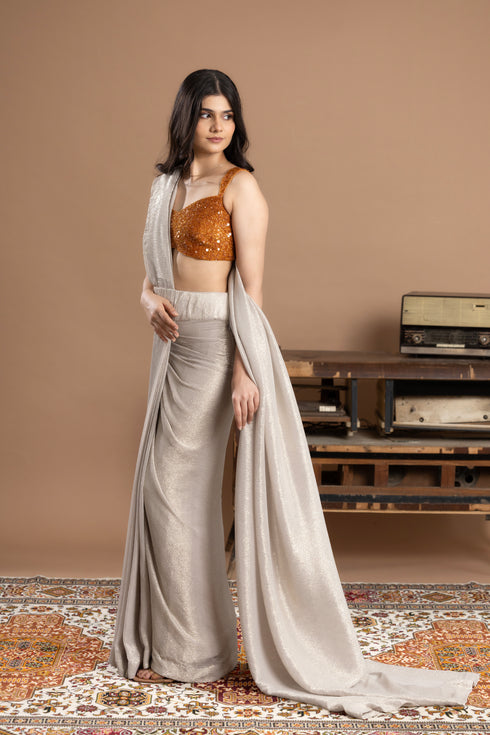 Tissue Pre Draped Saree with Blouse