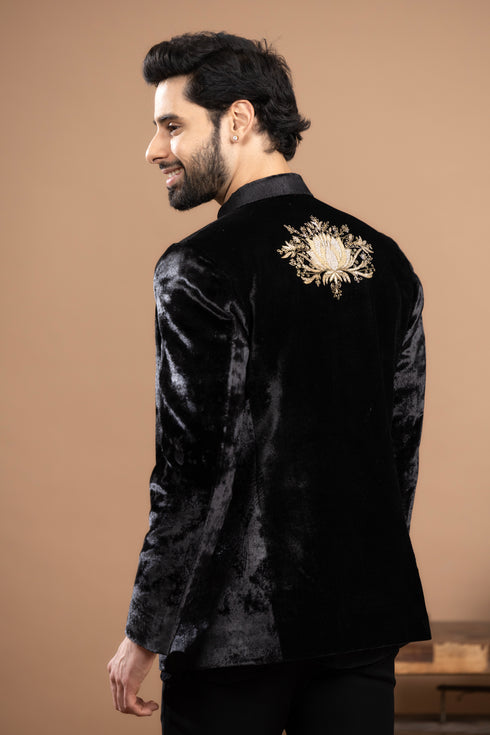 Classic Black Velvet Jodhpuri With Adjustable Side-Bucket Pants