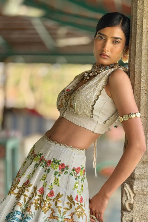 Off-White Linen Satin & Organza Printed Lehenga Set