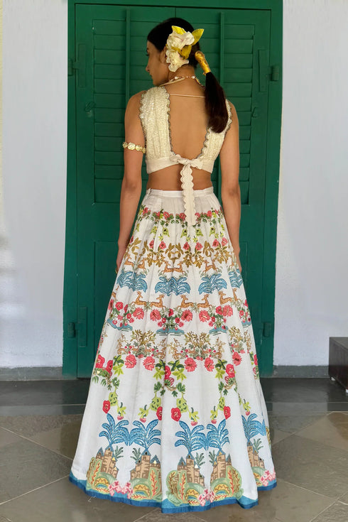 Off-White Linen Satin & Organza Printed Lehenga Set