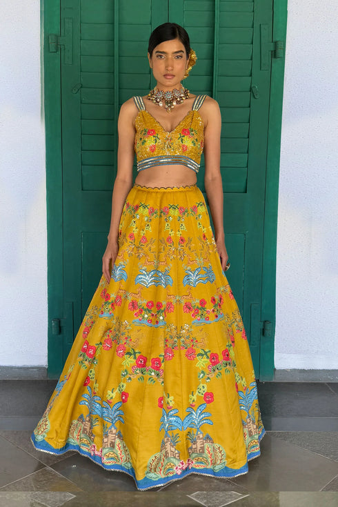 Mustard Linen Satin & Organza Printed Lehenga Set