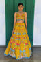Mustard Linen Satin & Organza Printed Lehenga Set
