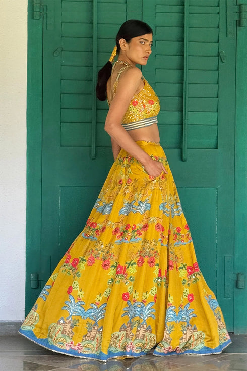 Mustard Linen Satin & Organza Printed Lehenga Set