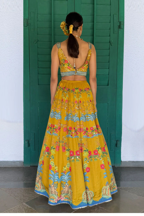 Mustard Linen Satin & Organza Printed Lehenga Set