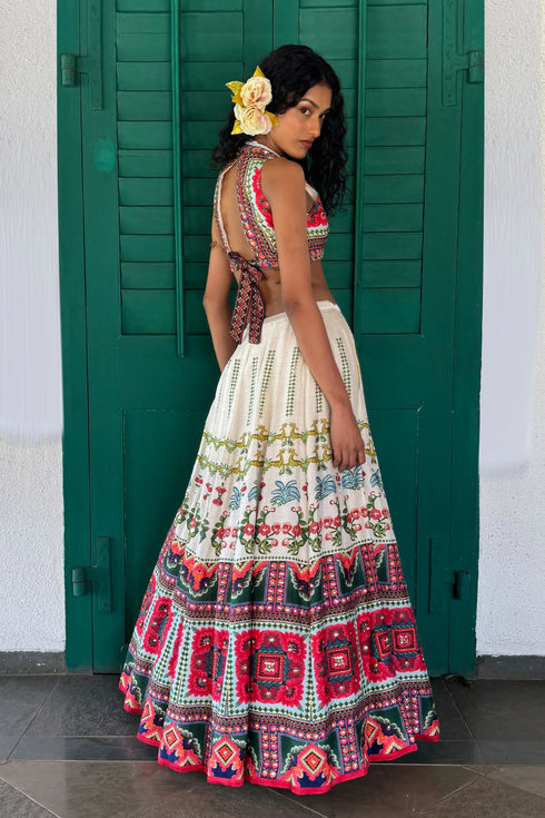 Off-White Linen Satin & Organza Lehenga Set