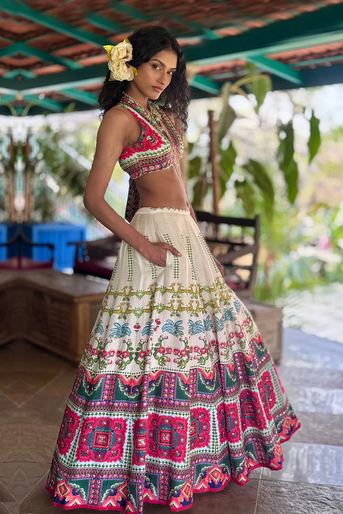 Off-White Linen Satin & Organza Lehenga Set